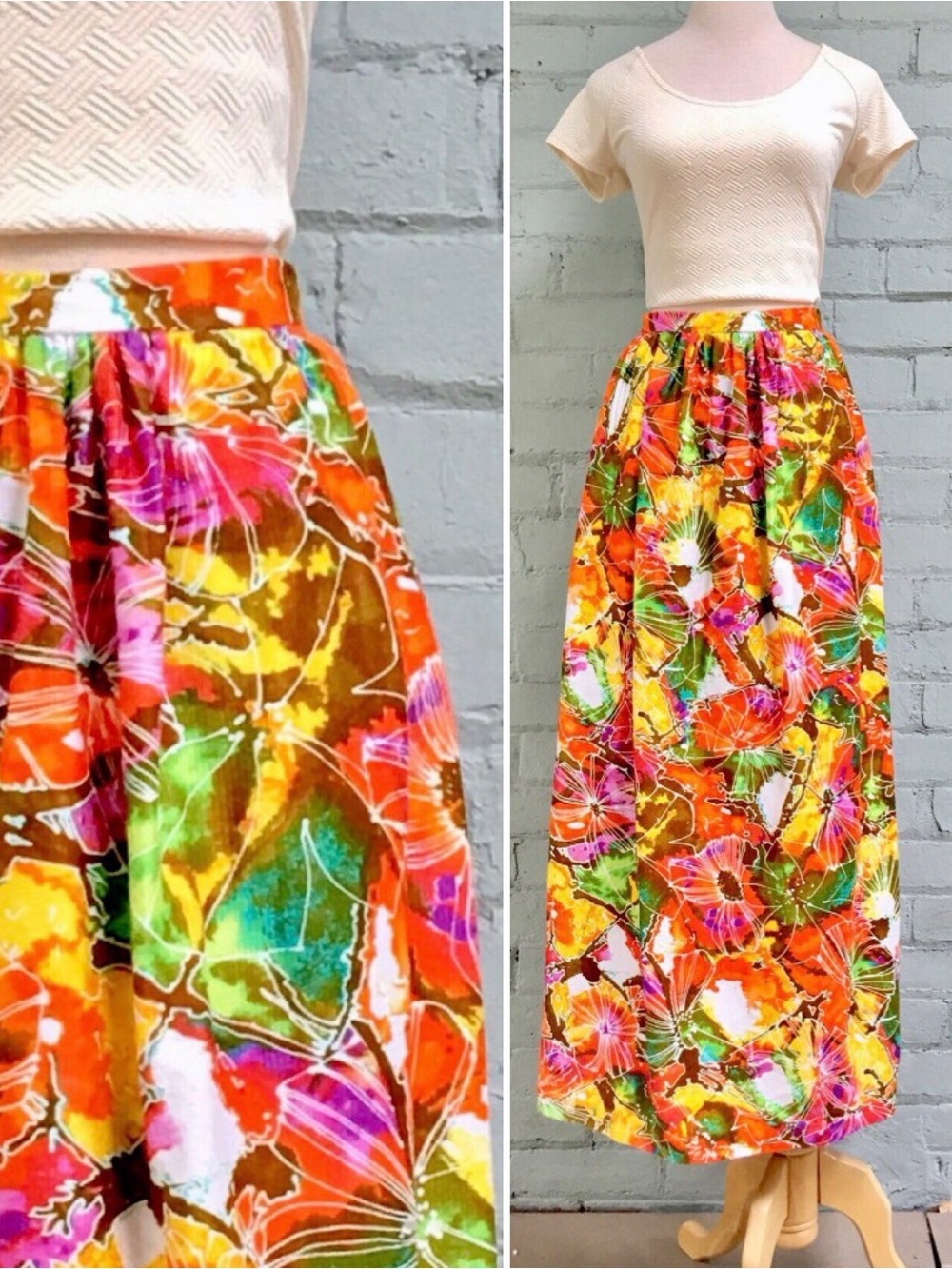 Vintage 70s Floral Maxi Skirt - Vibrant Multicolor